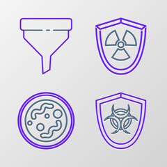 Set line Biohazard symbol on shield, Bacteria, Radioactive in and Funnel or filter icon. Vector