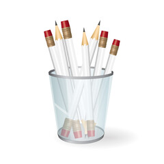 White pencils in holder basket, drawing equipment in a grille office organizer box, metal grid clerical vase. vector
