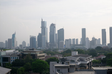 Jakarta, Indonesia - August 12 22: A view of  buildings in central Jakarta during morning. This picture was taken from the hotel in Cikini.