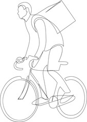 Continuous line drawing of delivery man on the bike. Vector illustration.