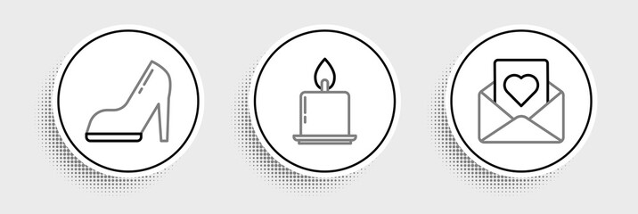 Set line Envelope with heart, Woman shoe high heel and Burning candle icon. Vector