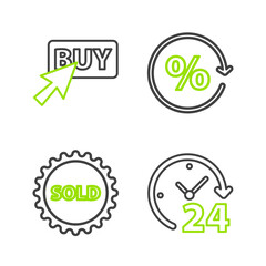 Set line Clock 24 hours, Sold label, Discount percent tag and Buy button icon. Vector