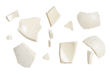 Set of ceramic fragments of broken vase isolated