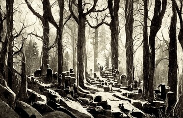 Black and white illustration of a forest with many small stone monuments scattered around.