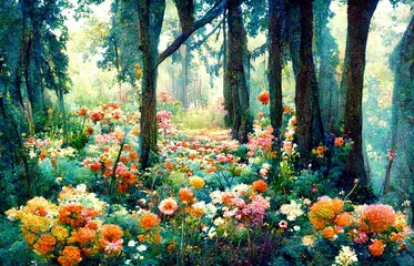 A picture of colorful flowers blooming in the forest.