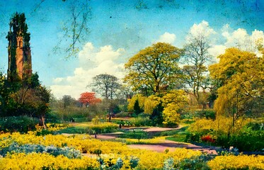 CG illustration of an English garden with an old tower-like building.