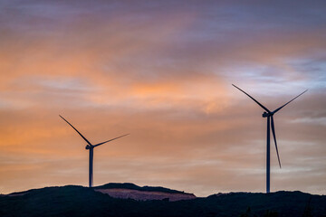 Landscape with Turbine Green Energy Electricity, Windmill for electric power production, Wind turbines generating electricity on mountain at Quy Nhon, Binh Dinh, Vietnam. Clean energy concept.