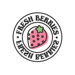 Fresh berries organic strawberry label food sticker and element. Fresh berries inscription on cirle isolated on white background. Cute pink strawberry icon