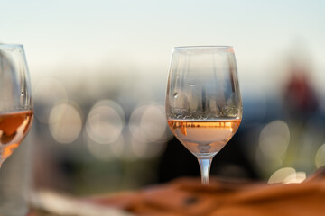 Wine glasses with a cool delicious champagne or white wine.