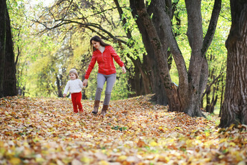 Children for a walk in the autumn park. Leaf fall in the park. Family. Fall. Happiness.