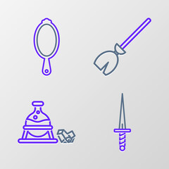Set line Dagger, Witch cauldron and magic stone, Witches broom and Magic hand mirror icon. Vector
