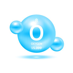 Oxygen molecule models blue and chemical formulas scientific element. Natural gas. Ecology and biochemistry concept. Isolated spheres on white background. 3D Vector Illustration.
