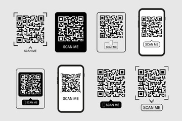 Set of QR codes with inscription scan me. Scan qr code icon. Qr code for payment, mobile app and identification. Vector illustration. 