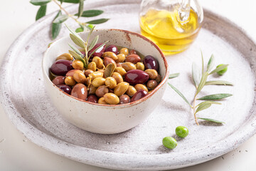 Various types of olives as Italian appetizer.