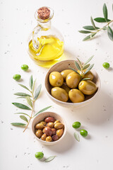 Healthy and fresh olives in bowls ready to eat.