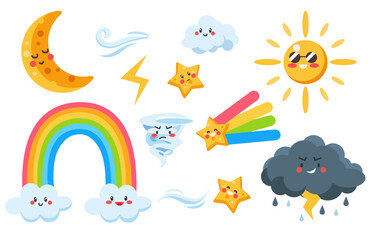 Set of Cute Kawaii Sky Objects. set of flat weather cute object such as cloud, rainbow, star, moon, and sun. Cute little illustration for kids, baby book, fairy tales, covers, baby shower invitation