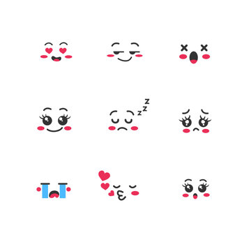 Collection of kawaii emoticons with different mood face. Set of cute cartoon emoji faces in different expressions - happy, sad, cry, fear, crazy. On white background