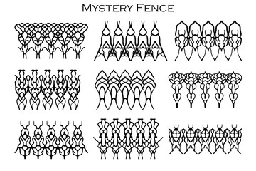 Assorted spooky cemetery fence silhouettes. Assets isolated on a white background. Scary, haunted and spooky fence elements