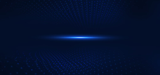 Abstract technology futuristic digital concept dot pattern with lighting glowing particles on dark blue background.