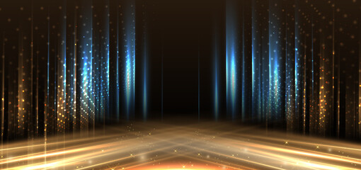 Elegant golden stage diagonal glowing with lighting effect sparkle on black background. Template premium award design.