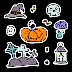Fototapeta premium Doodle Halloween sticker set. Hand-drawn autumn pumpkin, grave, skull, witch hat on black background. Cute scary horror banner for fall holidays, Day of the Dead. Vector color spooky illustration