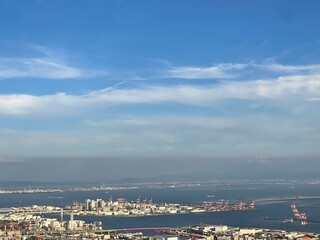 view of the city
kobe 
sky 
sea
mountain 
reflection 
