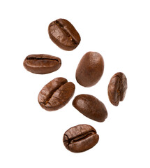 Roasted coffee beans flying isolated on white background, Clipping parh.