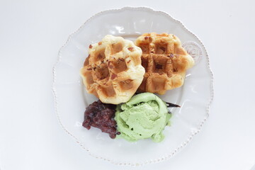 Peanut in Belgium waffle and green tea ice cream with red bean paste