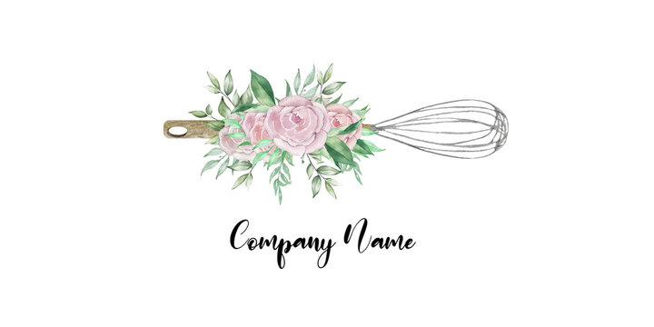 Watercolor bakery logo whisk with flowers and greenery. Illustration for home bakery