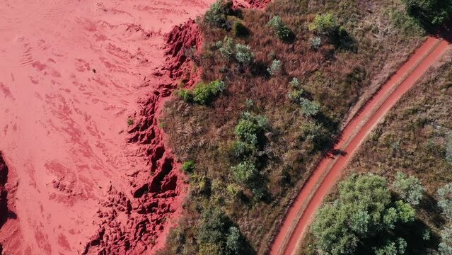 Aerial landscape view of car and caravan in Cape Leeuwin Western Australia. 