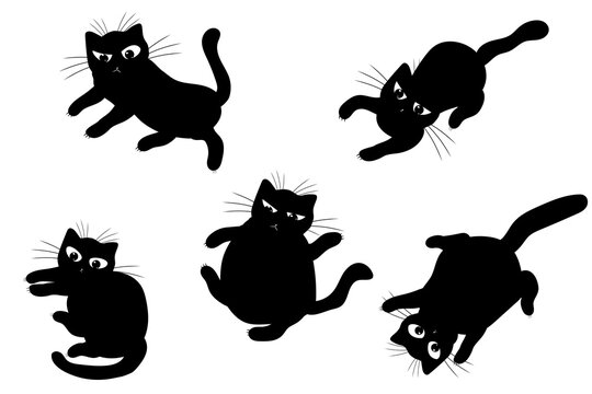 Set of cats. Domestic kitten. Black silhouette of cats. Tatoo, print.