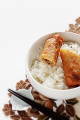 Chinese food, spring roll halved cut on rice 