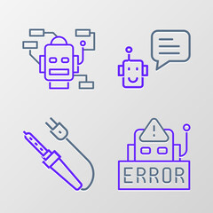 Set line Error in robot, Soldering iron, Bot and Robot icon. Vector