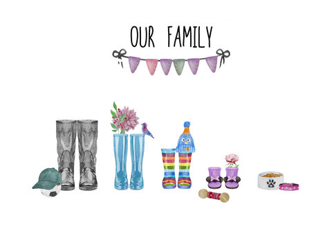 Family print concept with watercolor wellies boots for four. Colorful rain boots collection. Rubber boots autumn fall concept. Decoration family card with pet on white background.
