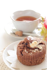 Homemade marshmallow and chocolate muffin with English tea