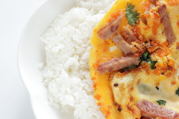 Chinese food, roasted pork and coriander omelet on rice for lunch food image