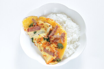 Chinese food, roasted pork and coriander omelet on rice for lunch food image