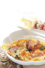 Chinese food, roasted pork and coriander omelet on rice for lunch food image