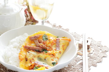 Chinese food, roasted pork and coriander omelet on rice for lunch food image
