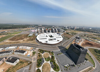 Fototapeta premium panoramic drone view of the infrastructure of the scientific and residential cluster in the Skolkovo district on a sunny day