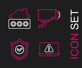Set line Laptop with exclamation mark, Shield check, Security camera and House password icon. Vector