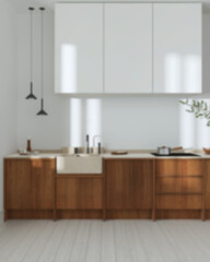 Blurred background, japandi wooden kitchen. Wooden cabinets, contemporary wallpaper and marble top. Front view, minimalist interior design