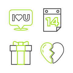 Set line Broken heart, Gift box, Calendar with February 14 and Speech bubble I love you icon. Vector