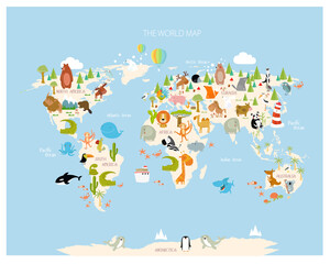 Print. Map of the world with cartoon animals for kids. Eurasia, South America, North America, Australia and Africa.   © olga