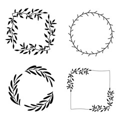 Decorative linear borders set. Vector doodle frame and wreath collection.
