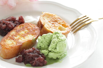 French toast severed with red bean paste and Green tea Ice-cream