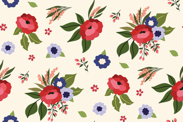 Seamless floral pattern, cute ditsy print with summer decorative art plants Beautiful botanical background with red flowers, small blue flowers, various leaves in bouquets. Vector.