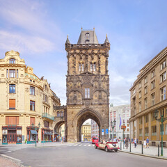 Fototapeta na wymiar Celetna street and Powder Tower, Gothic city gate to the old Prague. Prague, Czech Republic