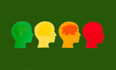 heads with autumn leaf brain, change from summer to autumn, creative art design
