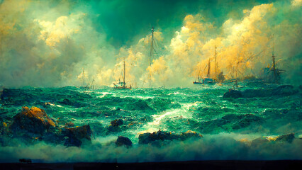 Storm on the sea.Shipwreck.Oil painting